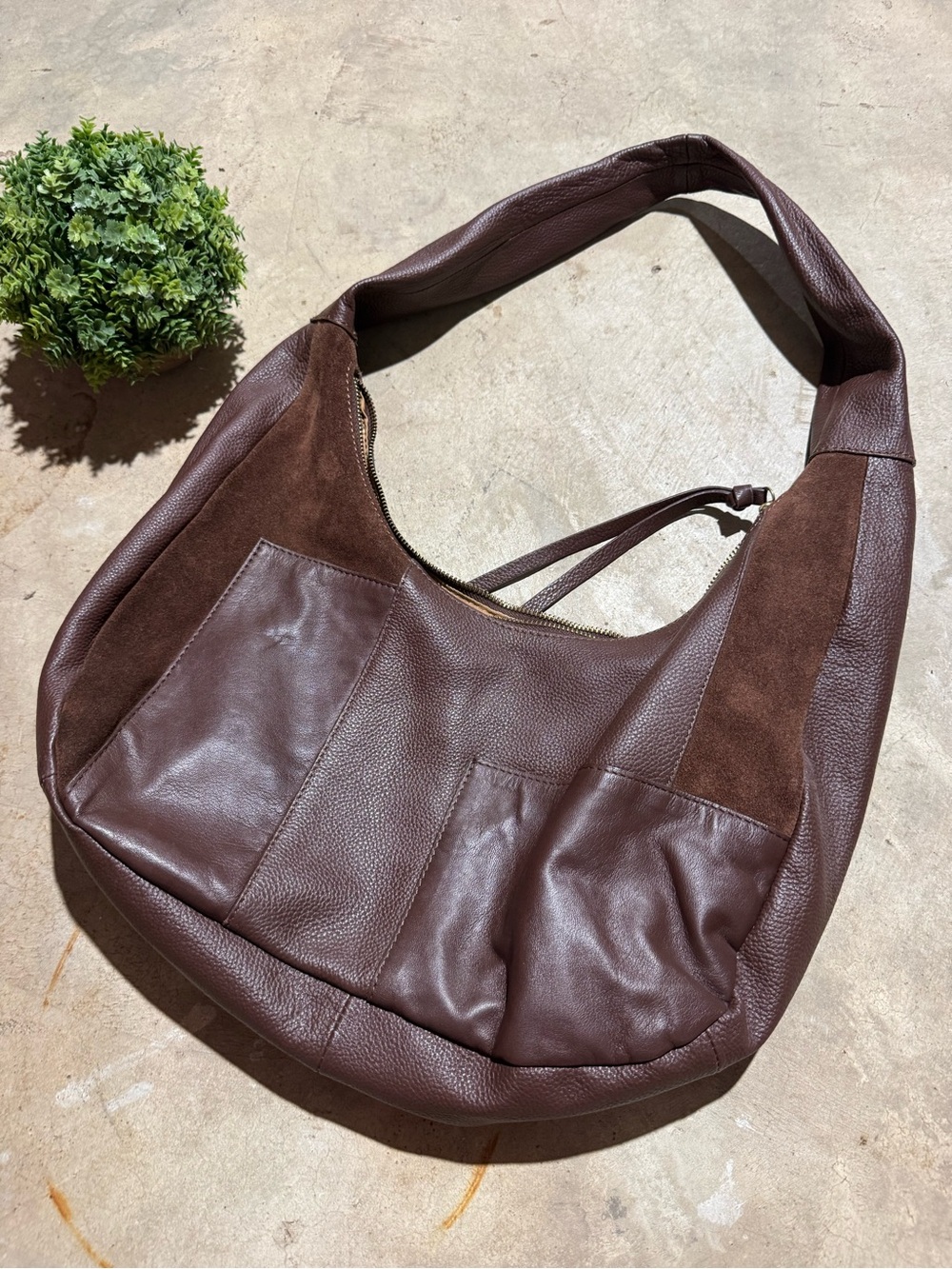 Crown Vintage Chocolate Brown Leather Shoulder Bag Purse Patchwork Slouchy Fall